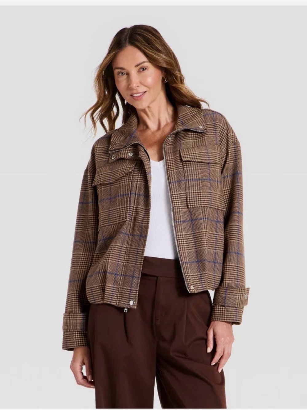 Women's Plaid Funnel Neck Field Jacket - A